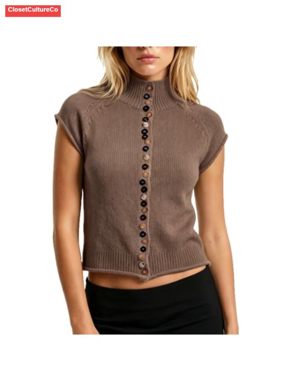 Women Short Sleeve Mock Neck Button Front Knit Sweater Top